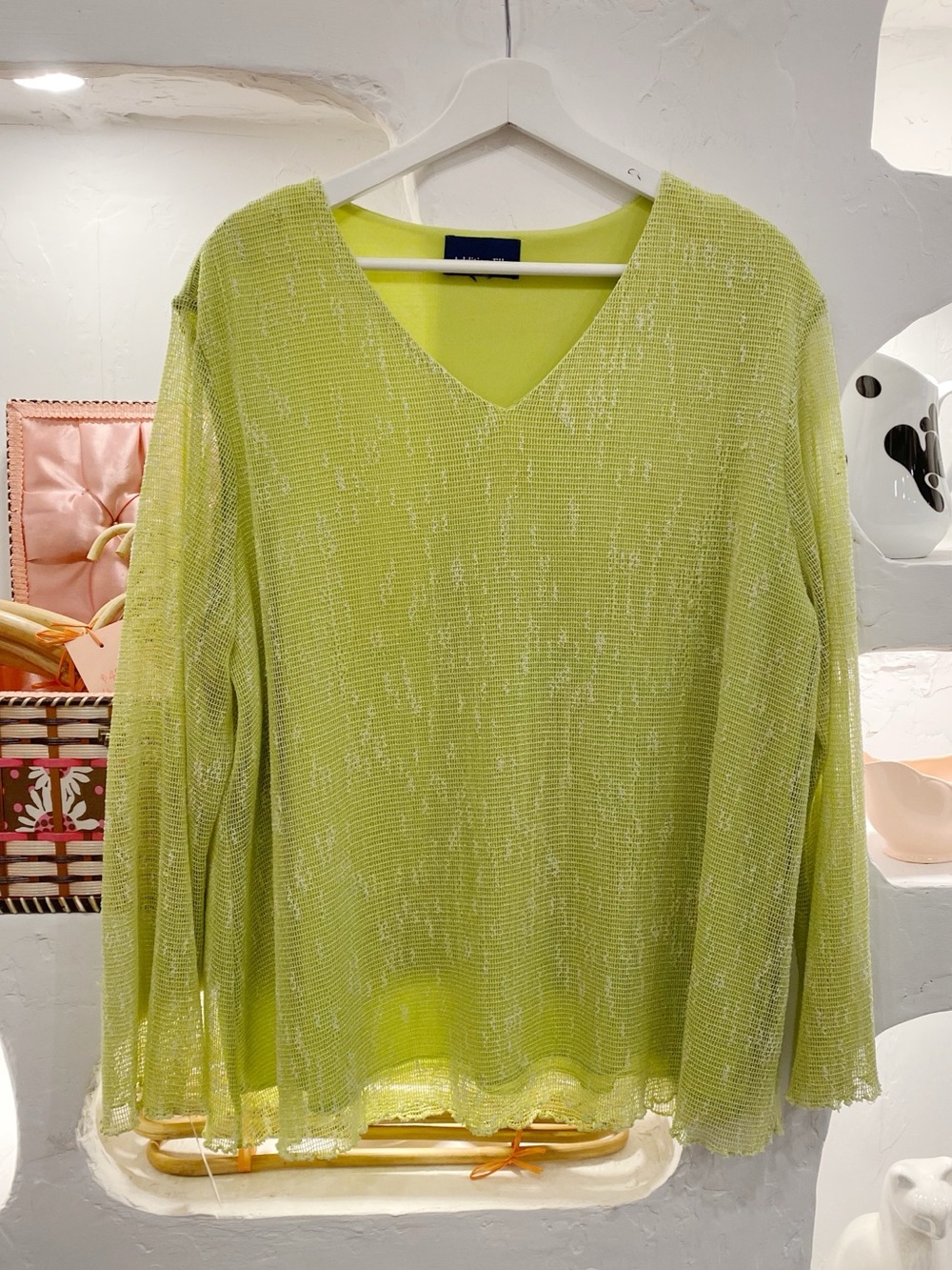Y2K Lime Green Net Mesh Long Sleeve Blouse with White Speckles and Sheer Sleeves